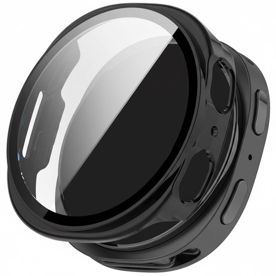 Zwart horlogekastje met een glanzend scherm, van voren gezien. 40mm.