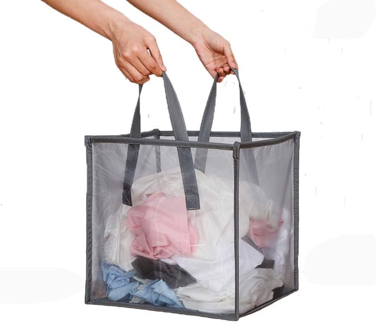 Wasmand - Opvouwbare waszak van mesh - Met handvat - Enkellaags - 33 cm - Draagbaar en duurzaam - Opvouwbaar voor opslag - Opvouwbare kledingmand - Geschikt voor kinderkamers, studentenkamers of op reis - Grijs