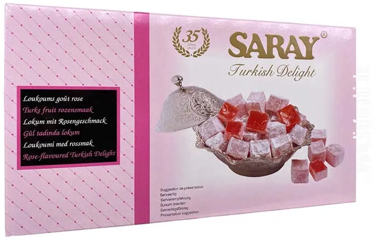 Saray Turks Fruit Met Rozensmaak - Saray Turkish Delight with Rose Flavor - Saray gullu lokum Turk lokumu 400 g