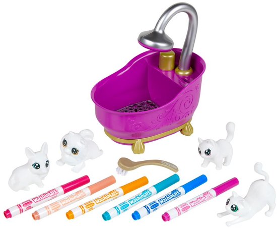 Crayola Washimals set met paarse badkuip, 4 witte dieren en 7 kleurpotloden.