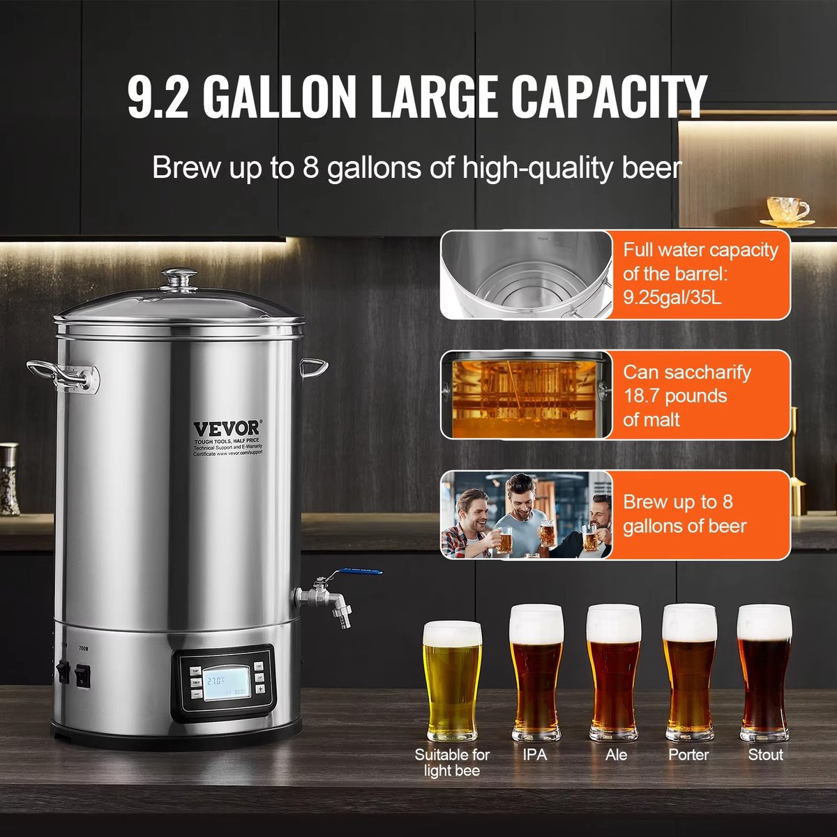 Trendique - Elektrisch 30 liter Thuisbrouwsysteem – Alles-in-één Kookpan Van 304 Roestvrij Staal, Bierbrouwer, Moutextractbrouwer, Benodigdheden Voor Thuisbrouwen, Wijn- En Bierkit — cadeau in Cadeau-ideeën - foto 3
