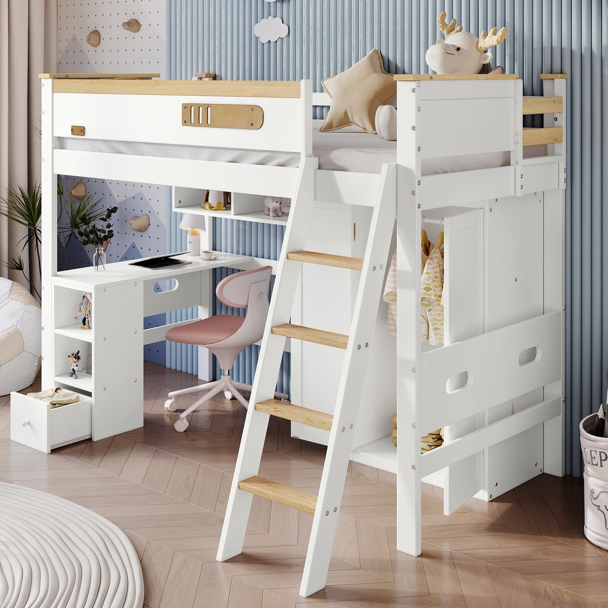 OKWISH Stapelbed 90x200cm - 4 Veiligheidshekken & Schuine Ladder - Met Integreerde Tafel En Kast - Hout/MDF - Wit+Lichtbruin - Zonder matras
