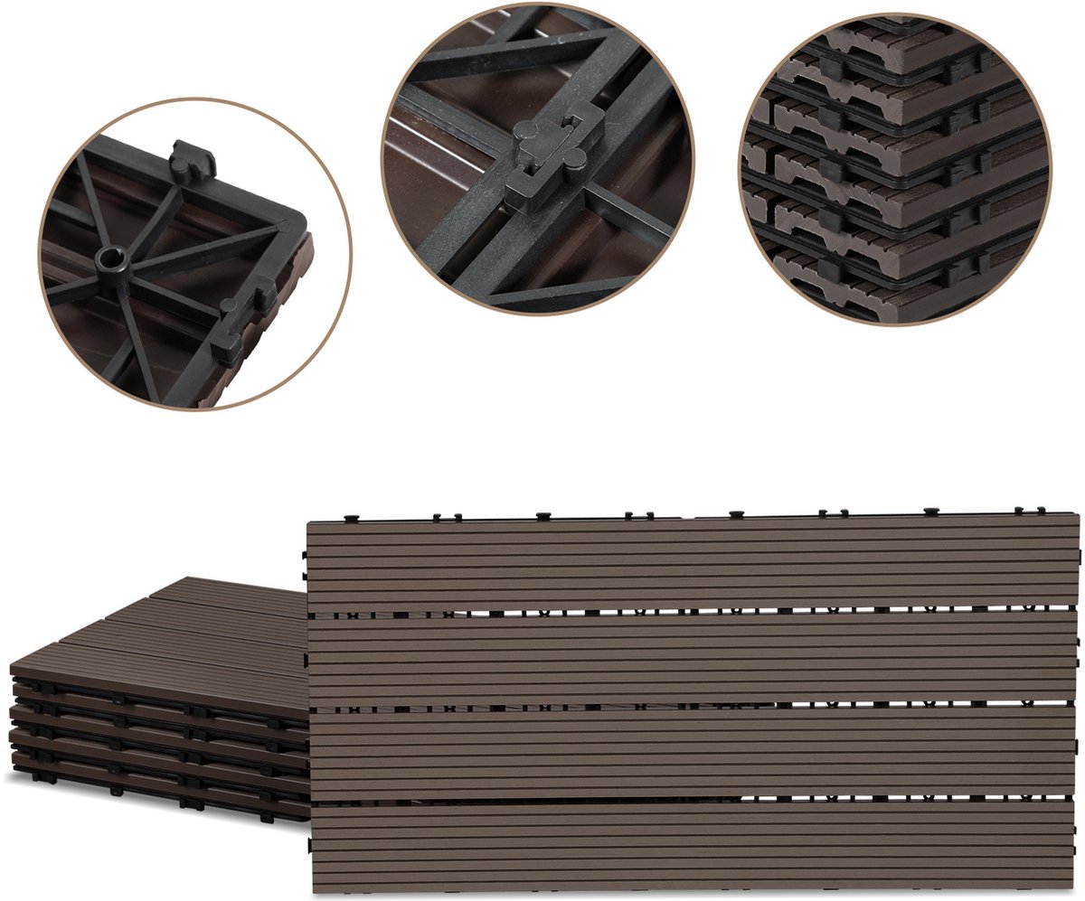 Set van 60 WPC-terrastegels, 4 latten, 30 × 60 cm, voor tuin- en balkonvloeren, kliksysteem, koffiebruin