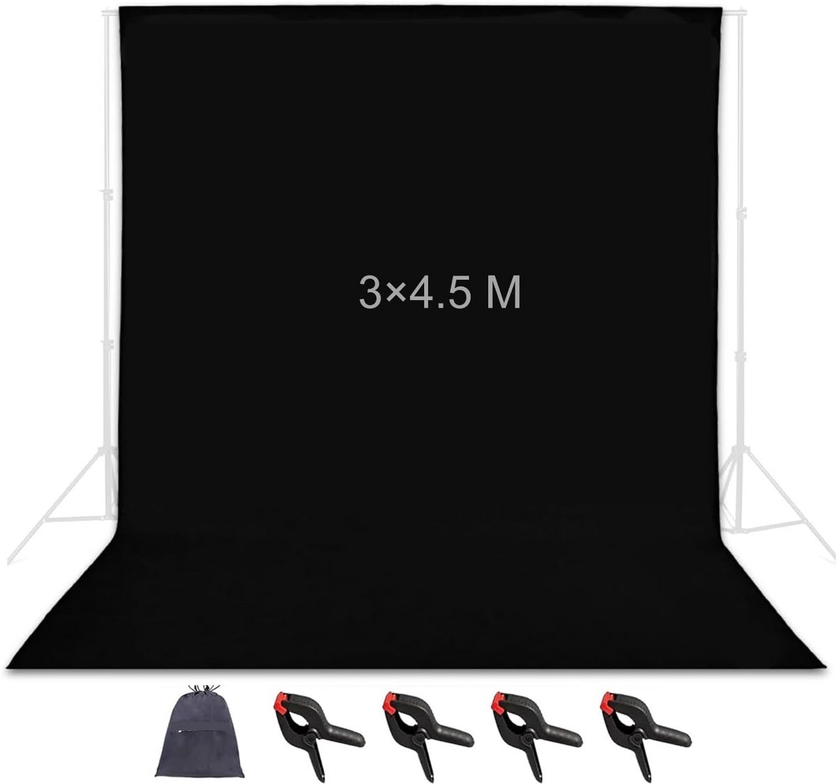 Zwarte Fotobackground 3 x 4,5m - Puur Katoenen Muslin - Geschikt voor Fotografie, Video en Televisieopnames - Inclusief 4 Stevige Achtergrondklemmen en Draagtas