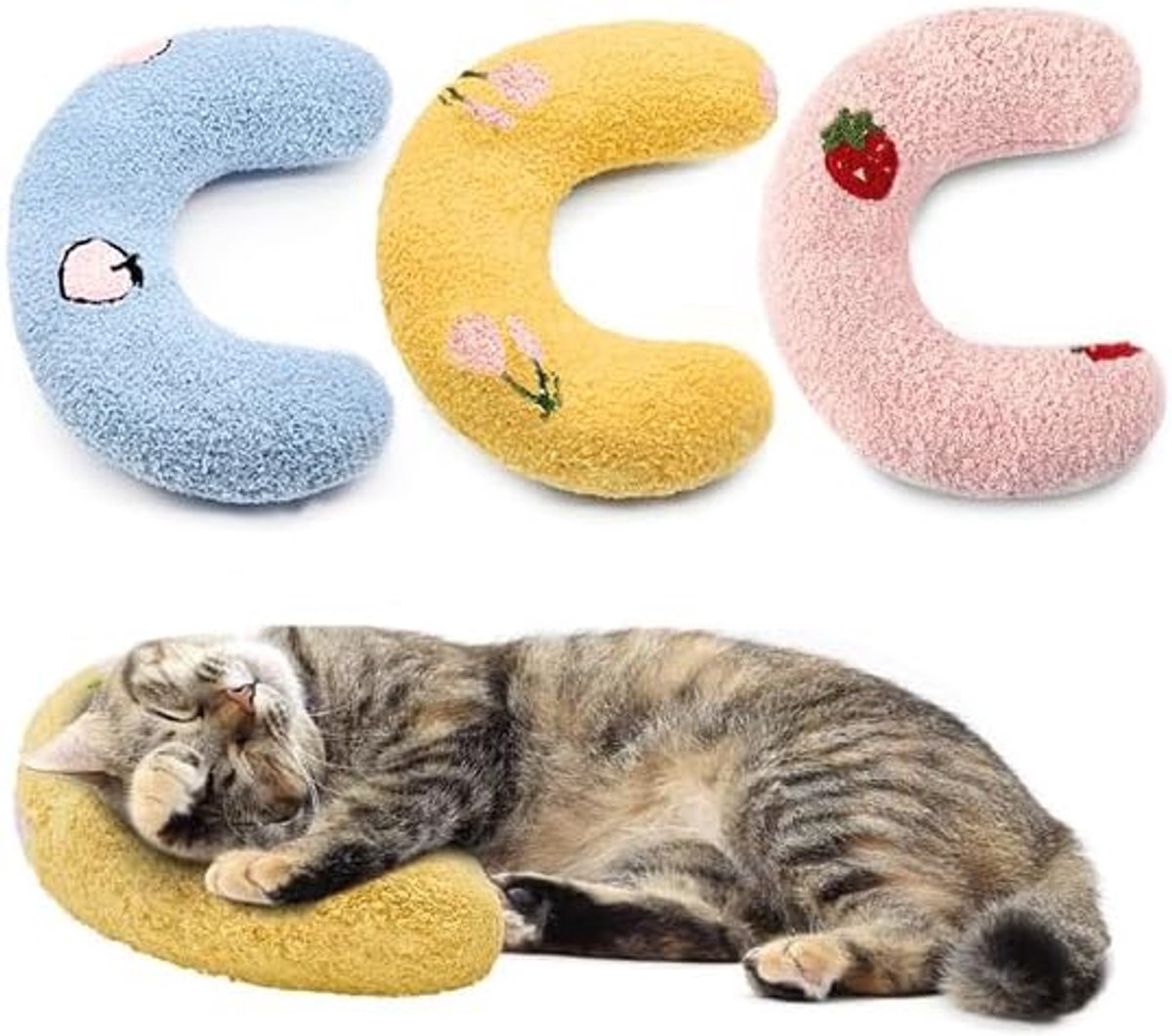 Daity Set van 3 kattenkussens: Superzacht en pluizig comfortspeelgoed voor huisdieren, kussen in de vorm van een halve donut, U-vormig kussen voor huisdieren, beschermt de nekwervels, bevordert de slaap (geel, roze, blauw).