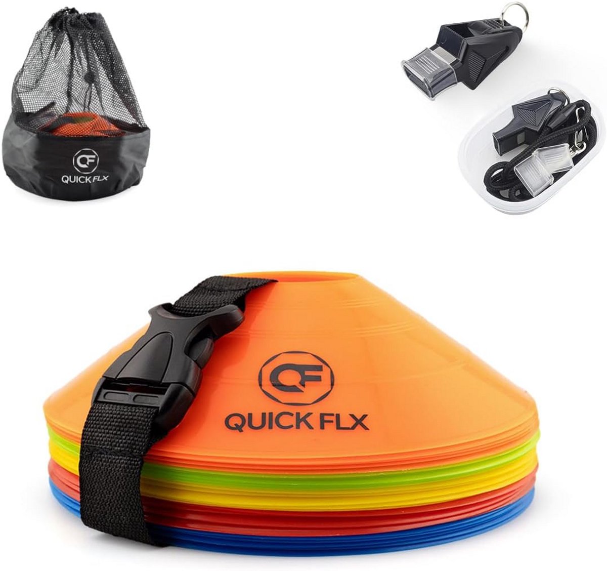 Set van 25 Markeringshoedjes in 5 Kleuren met Draagtas en Fluit voor Voetbaltraining en Coördinatieoefeningen