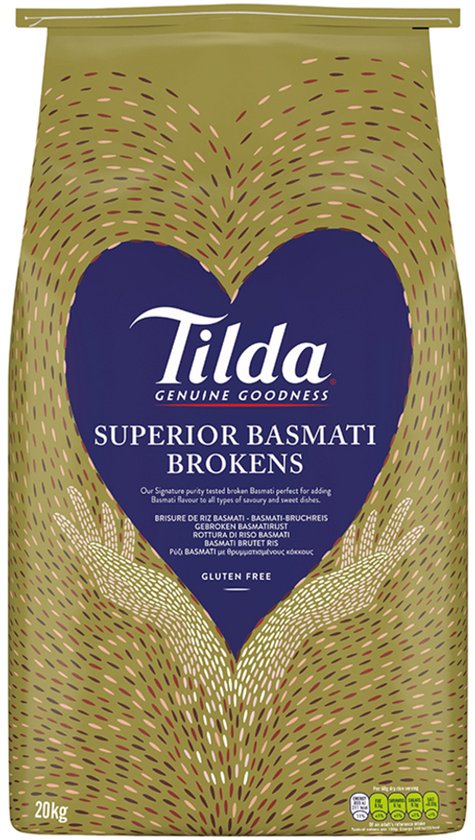 Tilda superior basmati brokens, 20kg. Gouden zak met een blauw hart logo, omringd door handen en sterren. "Genuine Goodness".