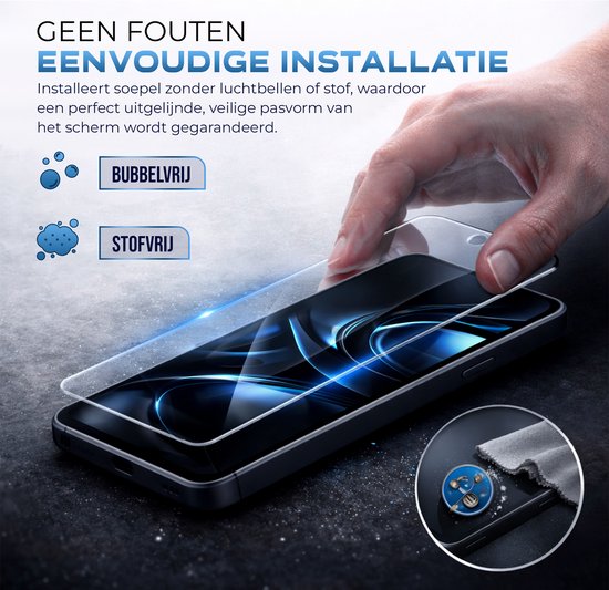 Hand plaatst een screenprotector op een smartphone, met bubbelvrije en stofvrije pictogrammen.