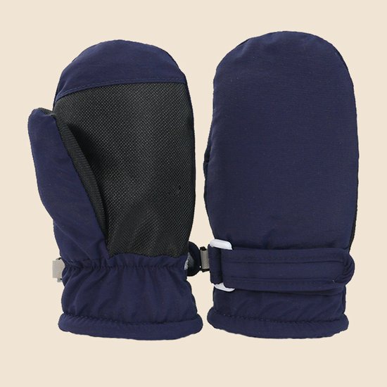 Navy blauwe wanten met zwarte mesh details en grijze verstelbare band.