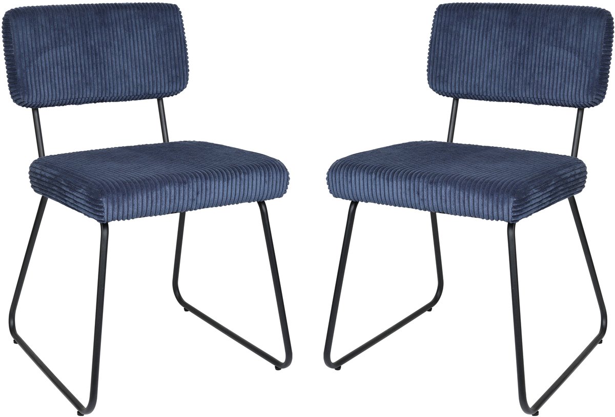 Merax Melvin Eetkamerstoel Donkerblauw Set van 2 – Gestreepte Stoffen Bekleding – Modern Ontwerp – Zwart Metalen Frame