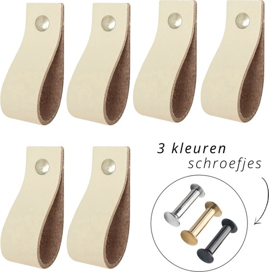 Poignées / Boucle en cuir - 6 pièces - CREME - taille S (15,8 x 2,5 cm) - avec 3 vis de couleur