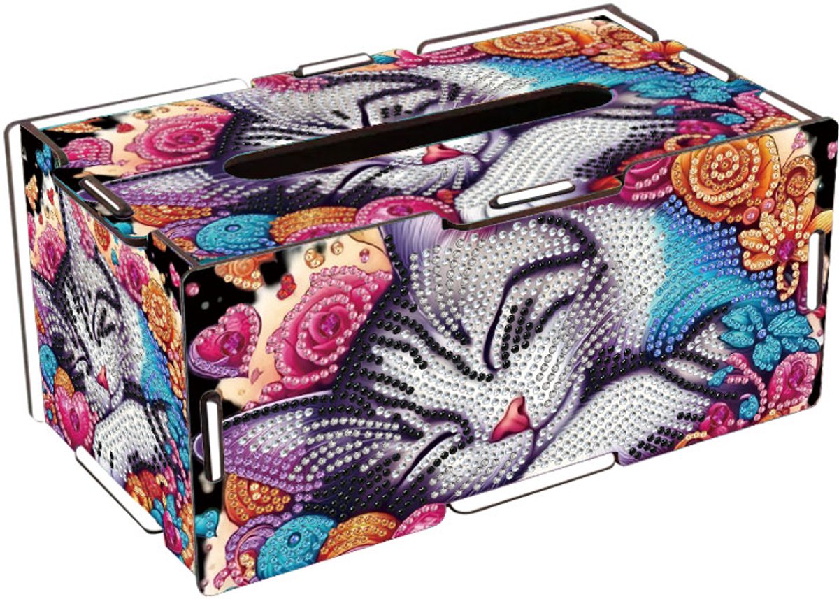 Tissuebox - 10 - Tissuedoos - Slapende kat in bloemen - diamond painting - compleet pakket - Diamond painting by Wietske
