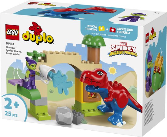De doos van de LEGO Duplo set "Dinosaurus Spidey-Rex vs. Green Goblin", met de speelgoedonderdelen afgebeeld.