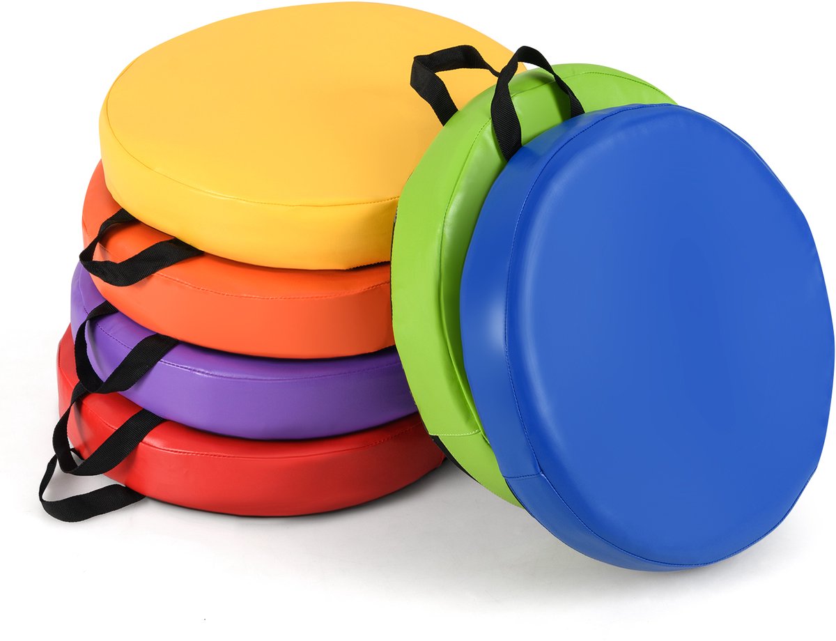 COSTWAY Set van 6 ronde kinderkussens, 35 x 35 cm, vloerkussens met handvat en ritssluiting, stoelverhoging, hoofdkussen voor kinderkamer, kleuterschool