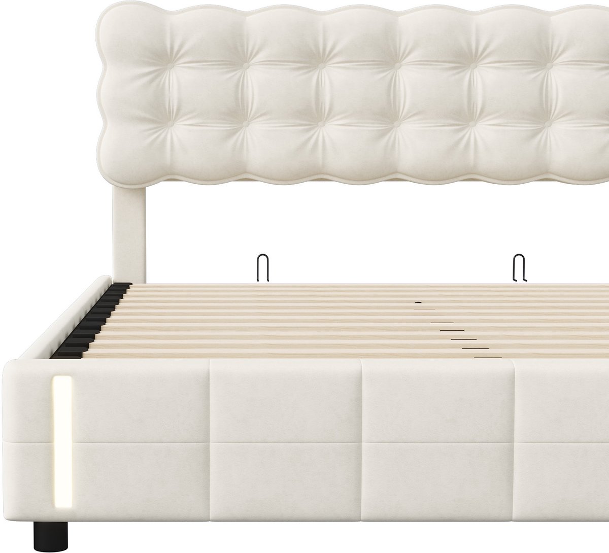 SHOPENTRA Opbergbed 160x200 cm beige fluweel met hydraulische opbergruimte, LED-verlichting en gestoffeerd hoofdbord, modern tweepersoonsbed thumbnail 6