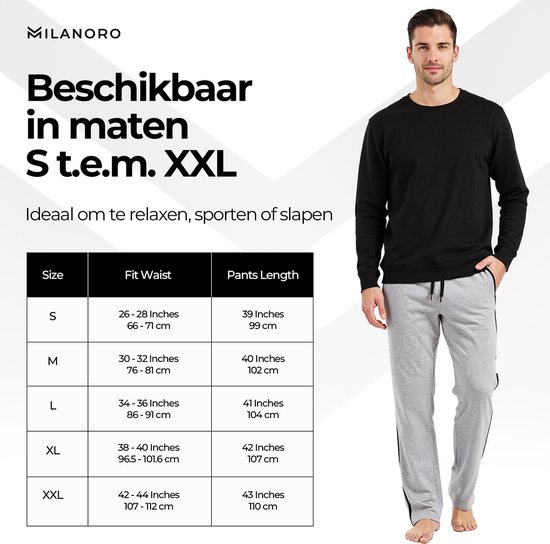 Man in grijze joggingbroek met zwarte bies, een maat tabel.