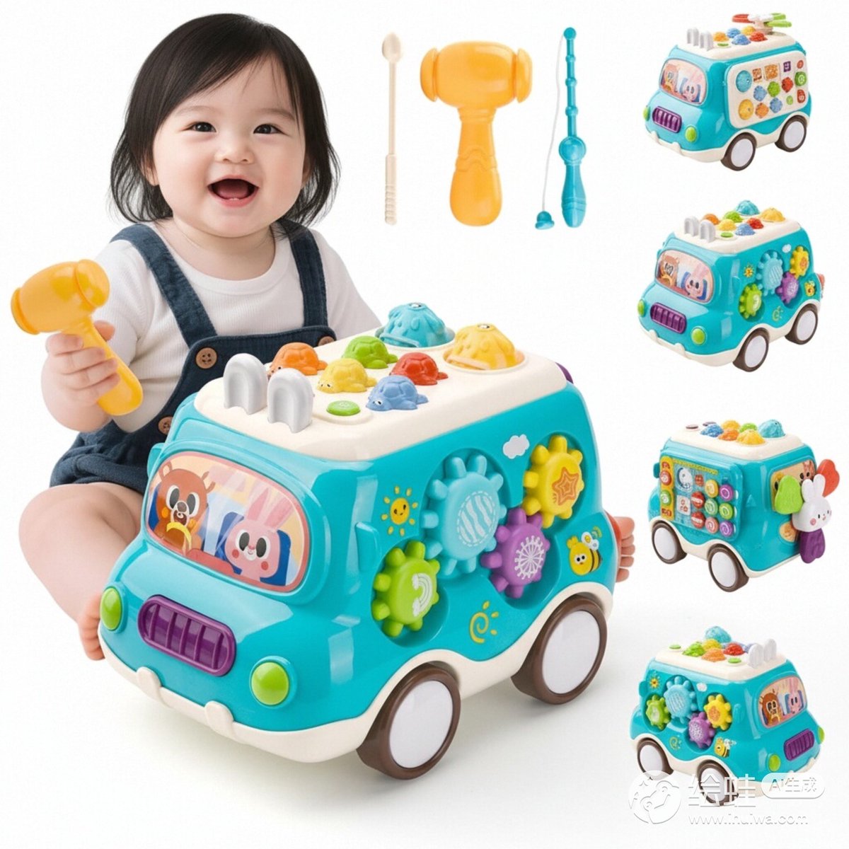 Speelgoed voor 1 Jaar, Montessori Muzikale Speelgoedbus met Xylofoon en Hamerspel, Educatief Baby Speelgoed voor Jongens en Meisjes 1-2 Jaar, Cadeau (Blauw)
