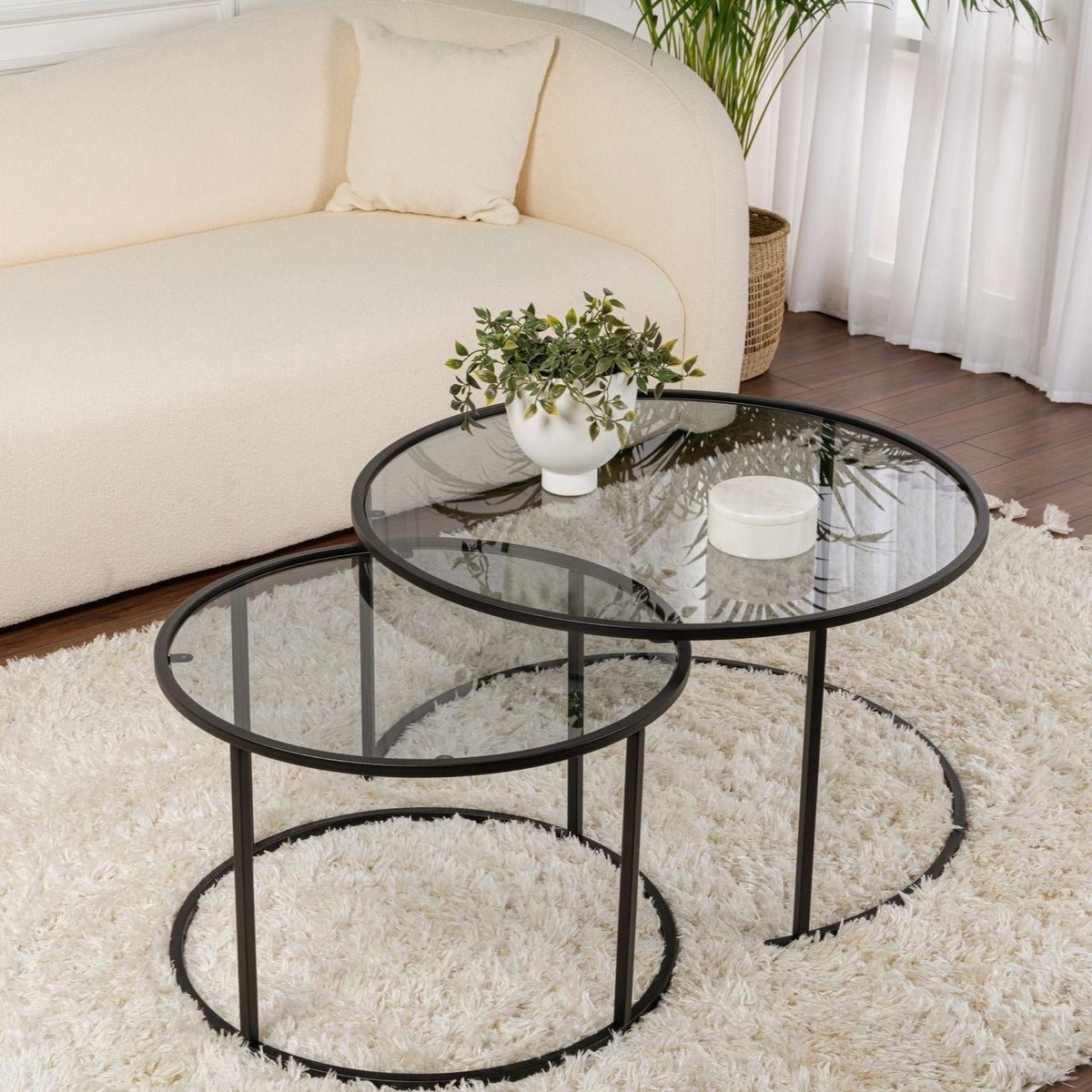 Dimehouse Moderne Ronde Salontafel Set van 2 Uru Zwart - Grijs Glas - 80/60 cm - 80 x 80 x 43 cm - Glas - Scandinavisch & Basic - Ovaal Transparant