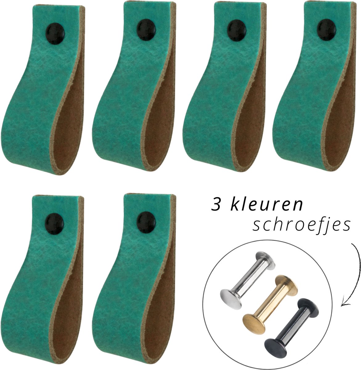 Handles and more - 6x Leren handgrepen lusjes - Zee Groen - S (15,8cm) - incl. 3 kleuren schroefjes (handgreepjes - leren handgrepen - greepjes - leren lusjes)