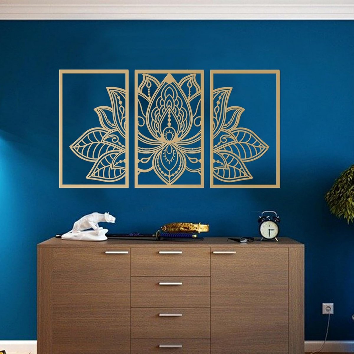 Metalen Muurkunst met Lotusbloem - 3-Delige Set voor Woonkamer, Slaapkamer en Kantoor