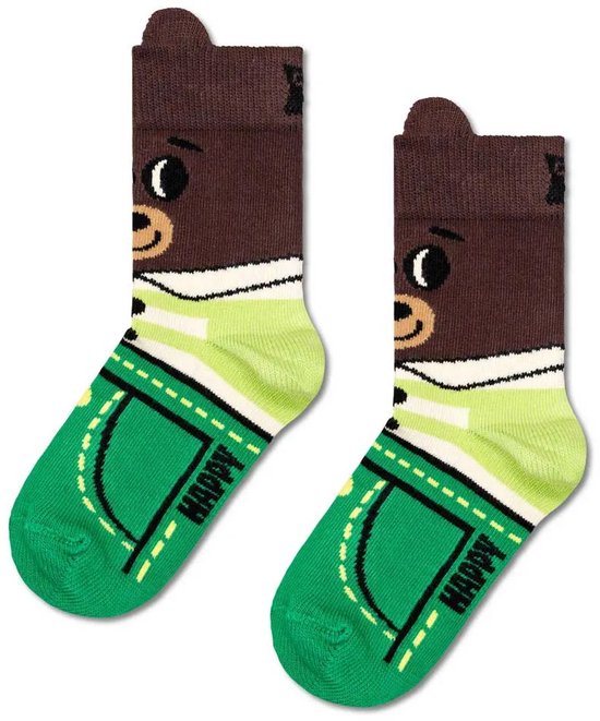 Bruine sokken met berenprint, groen met jeansprint en het woord "HAPPY".