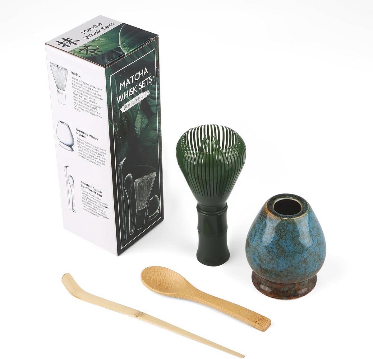 Complete 4-Piece Matcha Set for Tea Ceremony – Includes Whisk, Spoon, Scoop, and Holder