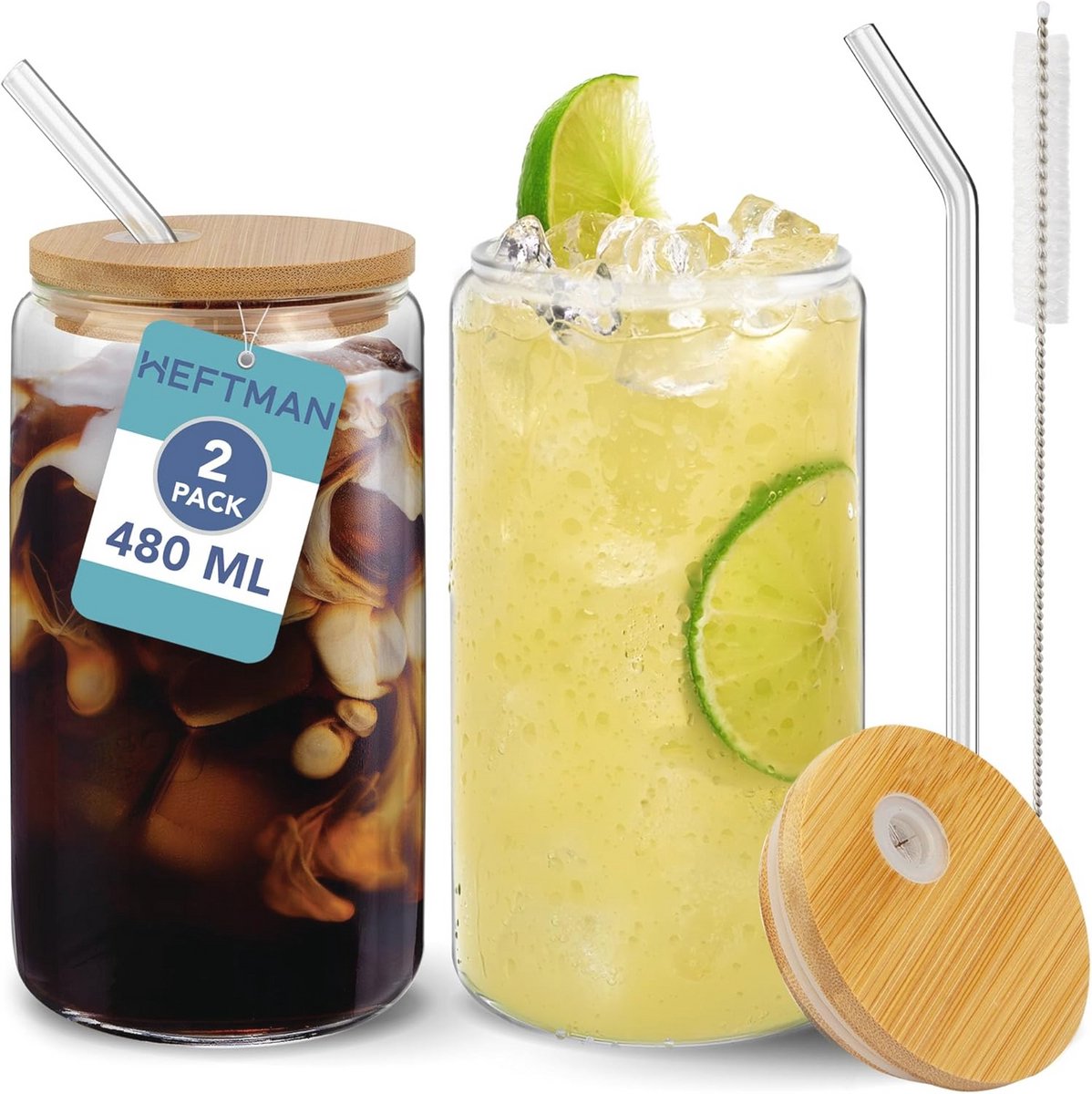 Lege glazen drinkbekers met deksels en rietjes - 480 ml - set van 2