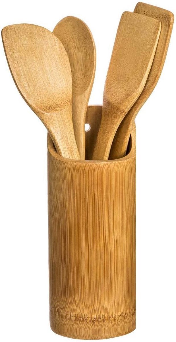 Bamboe Keukengerei Set - Spatel, Lepel, Foam Lepel en Gereedschap Houder