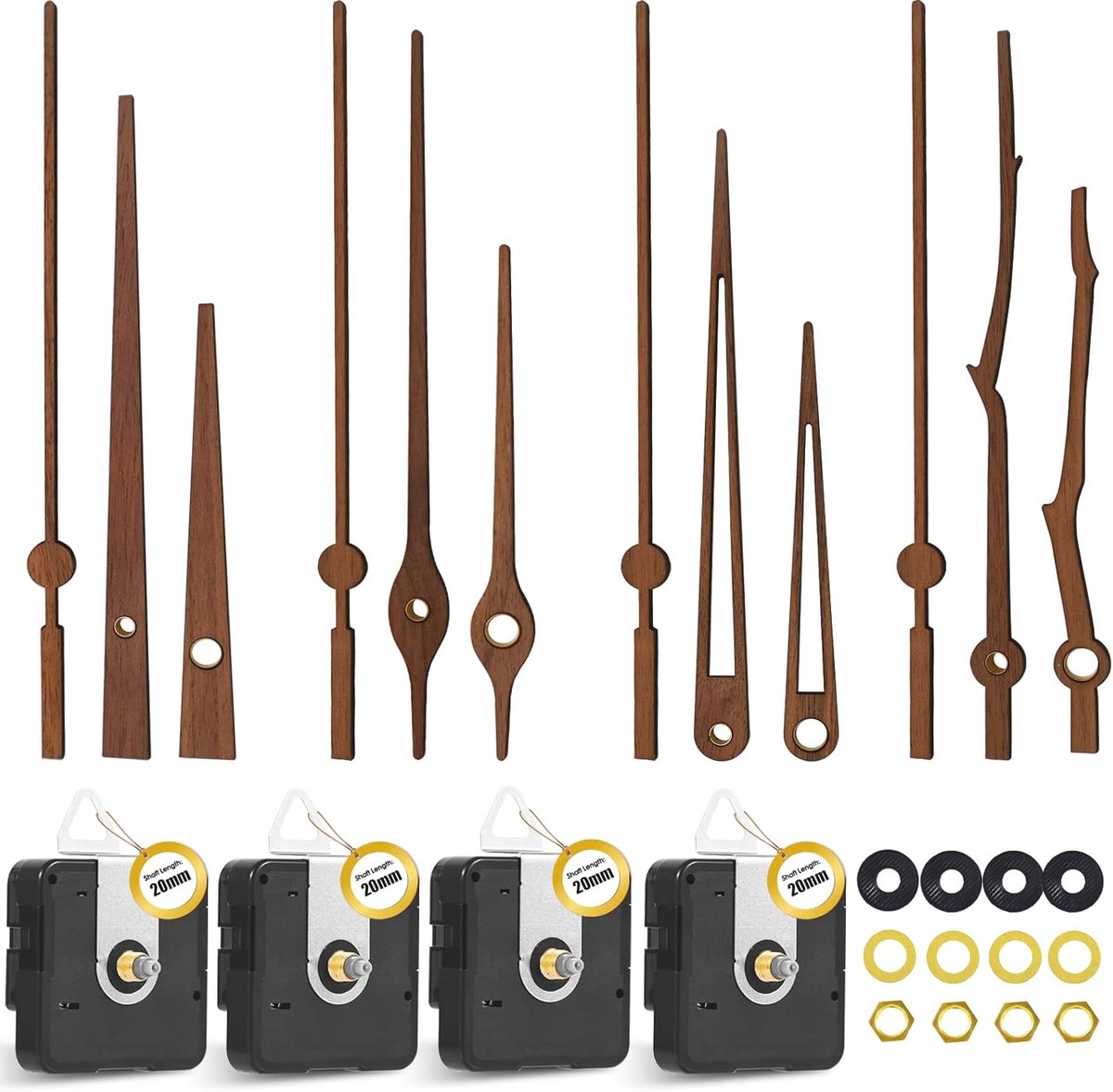 4 Stuks Geruisloos Uurwerk voor Wandklok - Walnoothout Klokwijzers en Reserveonderdelen