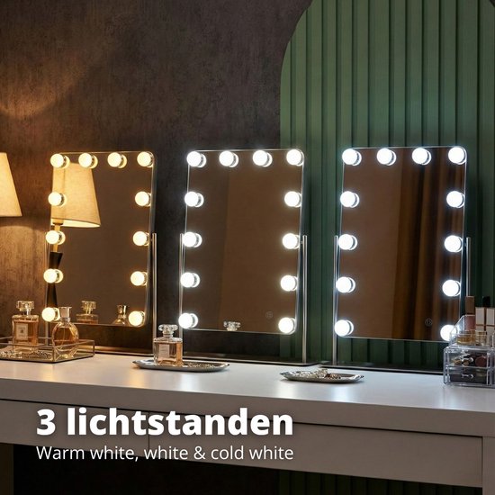 EMKE Hollywood spiegel rond 50 cm met 3 lichtkleuren dimbaar, make-upspiegel met verlichting, 360 graden draaibaar, met 11 ledlampen, geheugenfunctie, make-upspiegel voor kaptafel, wit