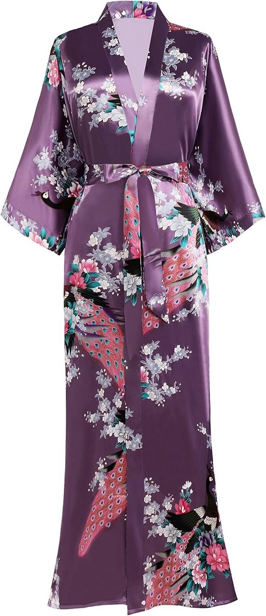 Luxe Kimono Ochttendjas met Pauwenprint - Zijdezacht Bruidsmeisjes of Loungewear Voor Dames