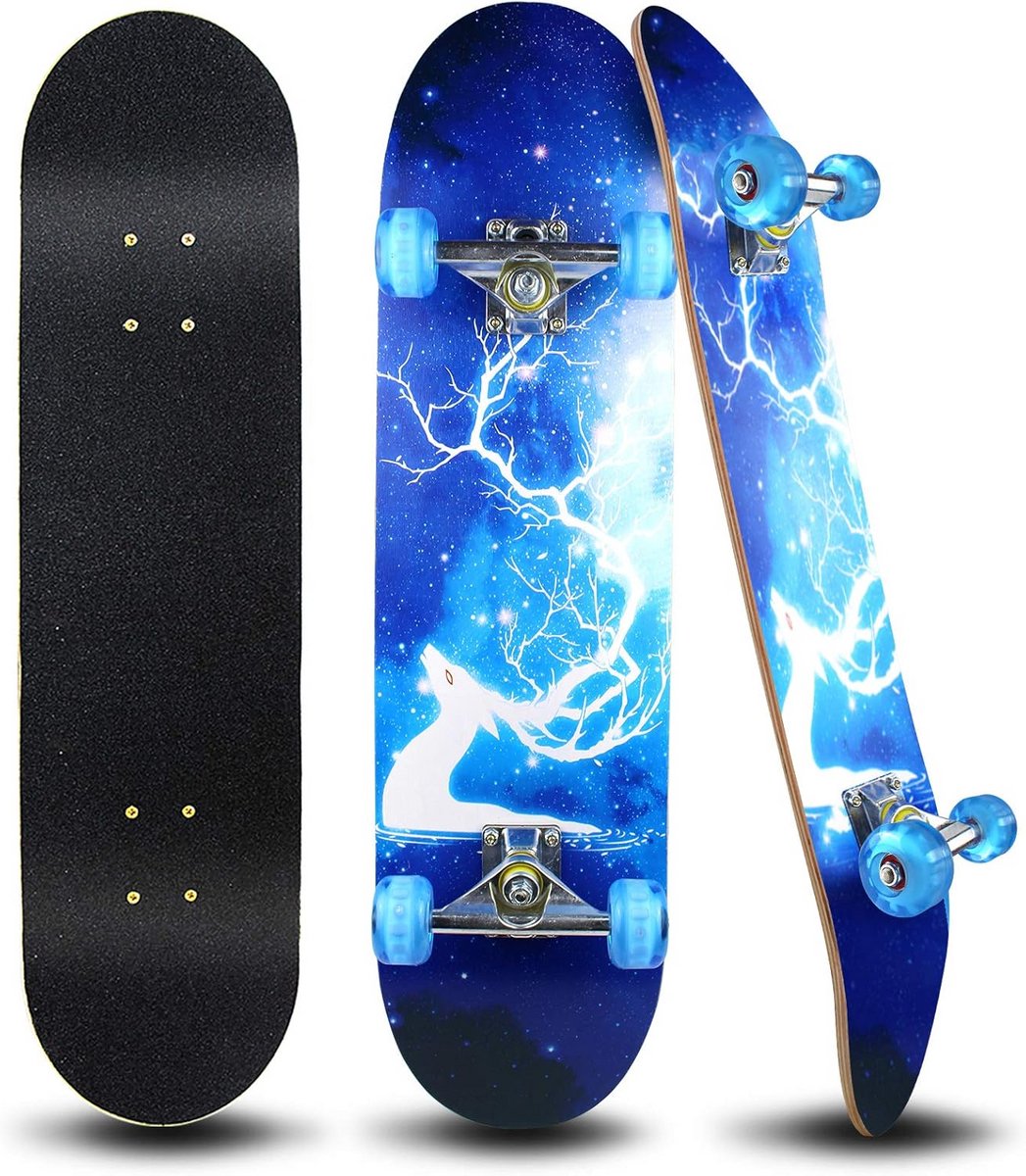 Compleet Skateboard 31 Inch met Lichtgevende Wielen voor Beginners Canadese Esdoorn Cruiser Deck Blauw