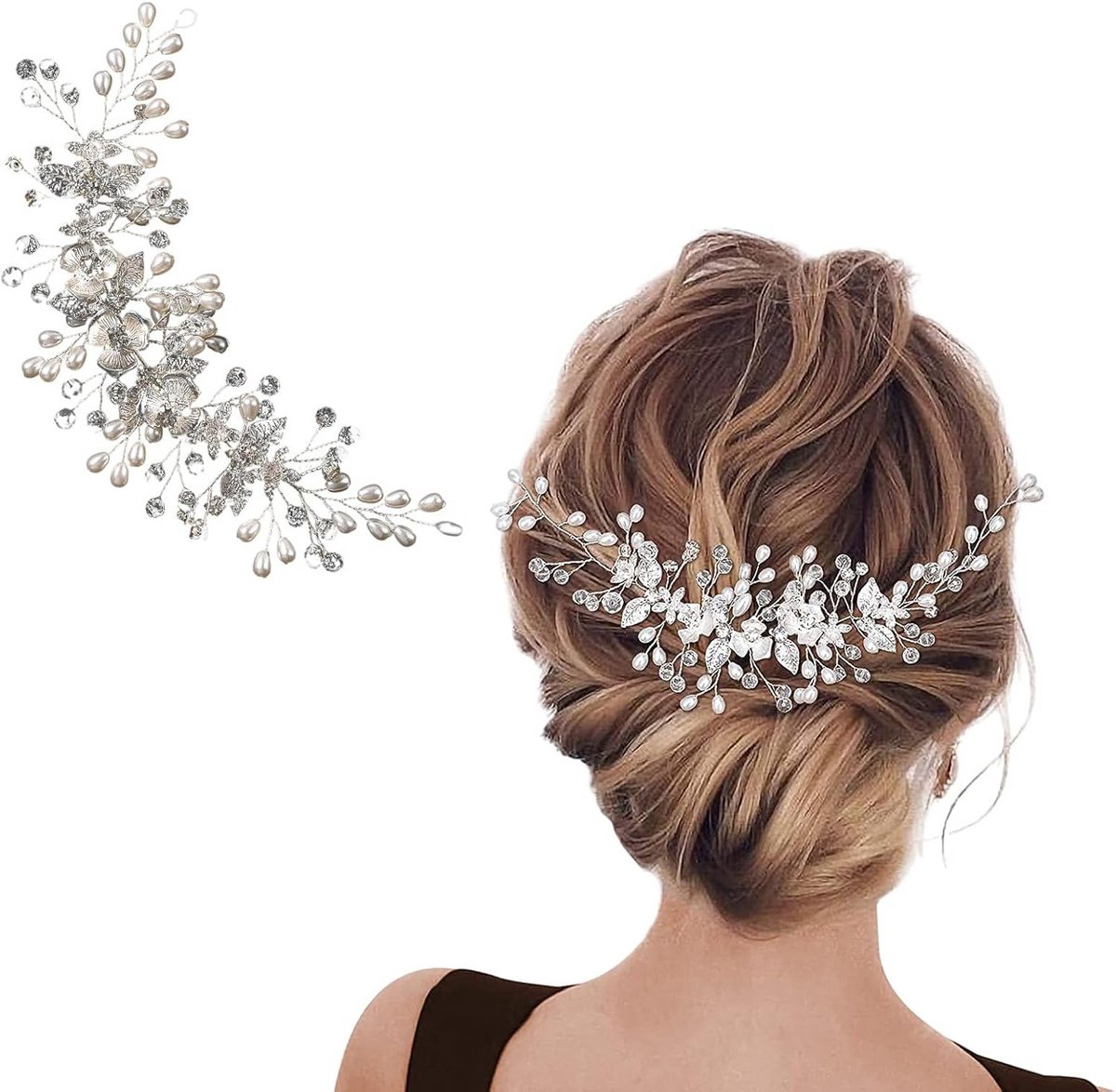 Zilveren Bruidswijnstok met Parels en Kristallen - Haaraccessoire voor Bruiloft en Feest