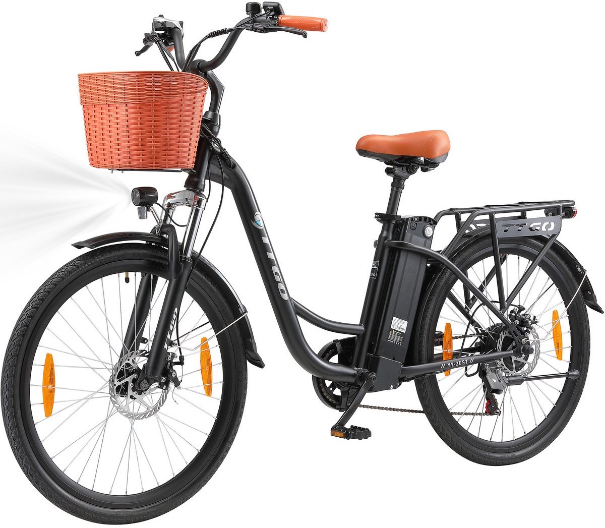 Elektrische Fiets TTGO YY-26ST Zwart- 522Wh/15Ah Accu - 75 km Bereik - 250W Motor - Instap Frame - 26 Inch Wielen -Verende voorvork- Shimano 6 Versnellingen - LCD Display - Stadsfiets voor Dames en Heren