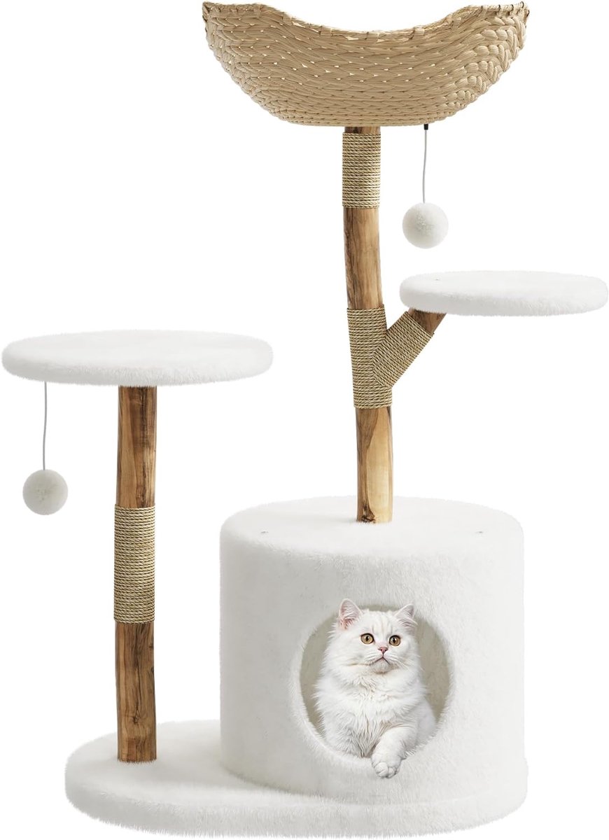 Houten Krabpaal 110 cm – Kattenboom met Echte Houten Tak, Sisal Krabpalen, Plateaus, Gevlochten Mand & Pluche Grot – Moderne Klimtoren voor Katten
