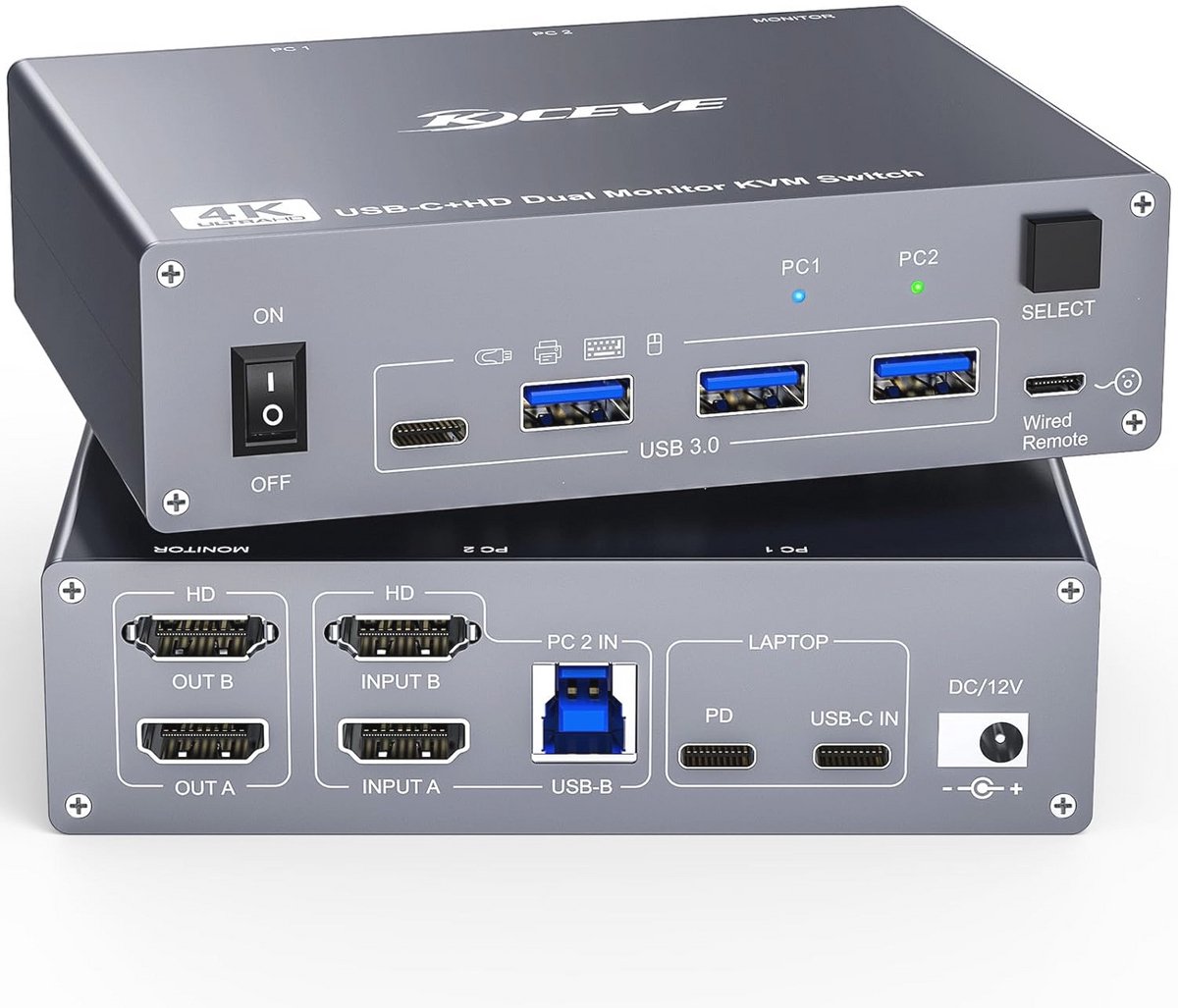 KVM Switch voor 2 PC's en 2 Monitoren met USB-C en HDMI 4K @60Hz