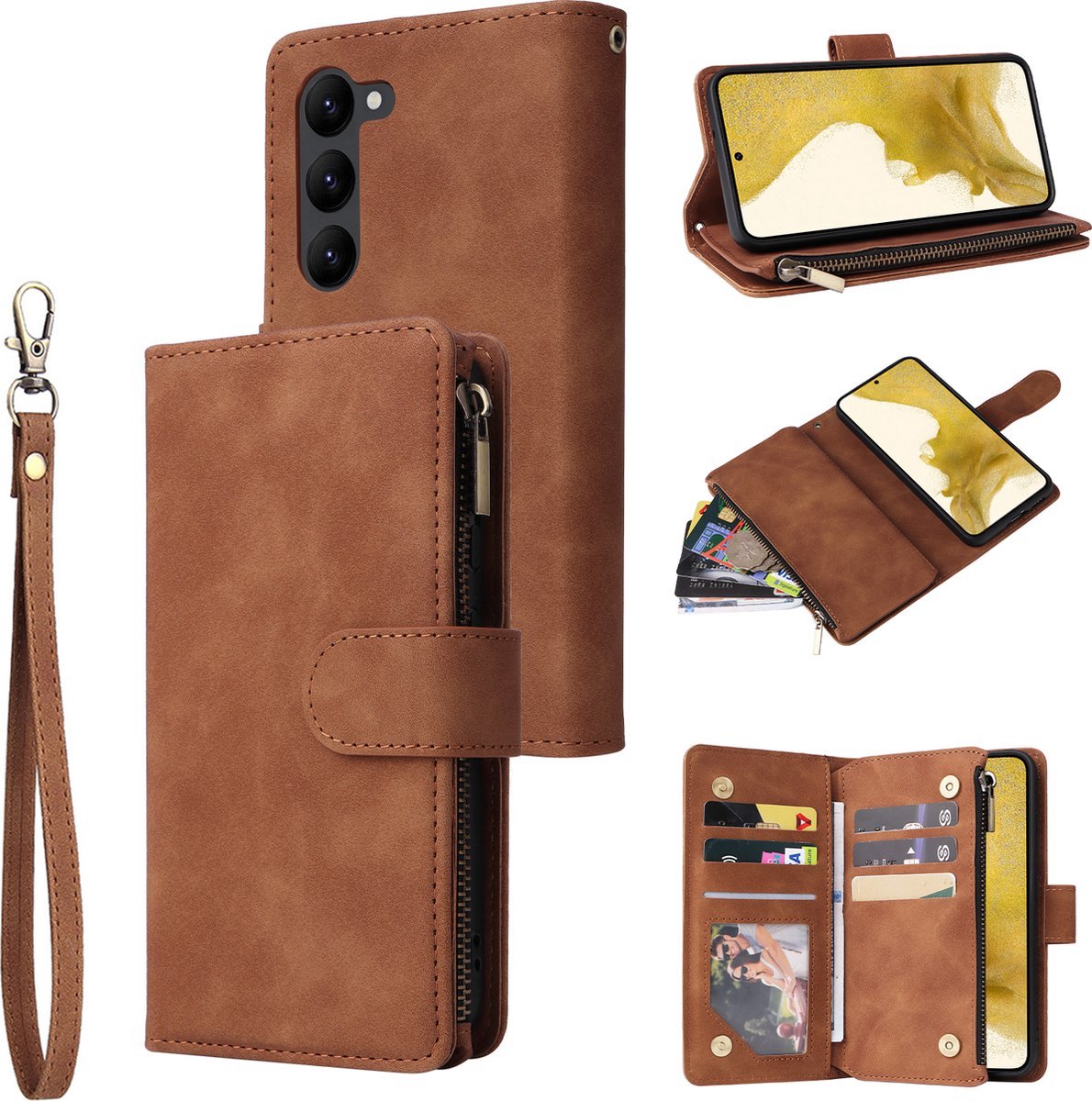 YPCd Wallet Case Pasjeshouder met Rits – Geschikt voor Samsung Galaxy S24 Plus – Luxe Bookcase Hoesje met 6 Pasjesvakken & Polsbandje – Bruin