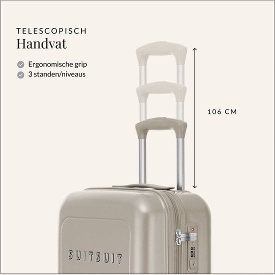 Detail van het telescopische handvat van een beige SUITSUIT koffer. Ergonomische grip in 3 standen, hoogte 106 cm.