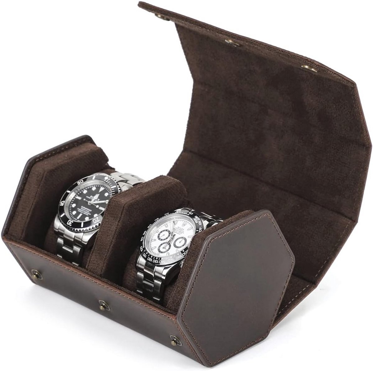 Leren Horloge Opbergbox voor 2 Horloges - Hexagonale Reiskoffer