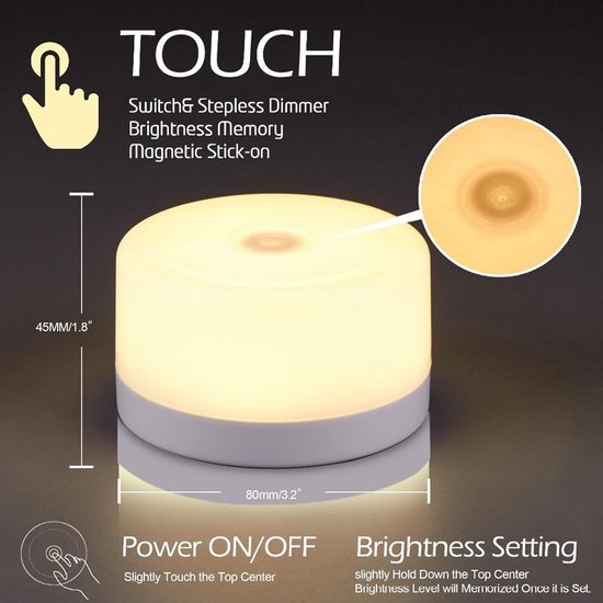 Nachtlampje - Aanraaksensorlampje - Tafellamp - Bedlamp - LED-lampje - USB-oplaadbaar - Warm licht - Dimbaar - Geschikt voor slaapkamer - woonkamer - kinderkamer - Wit - 8*8*4,5cm — afbeelding 2