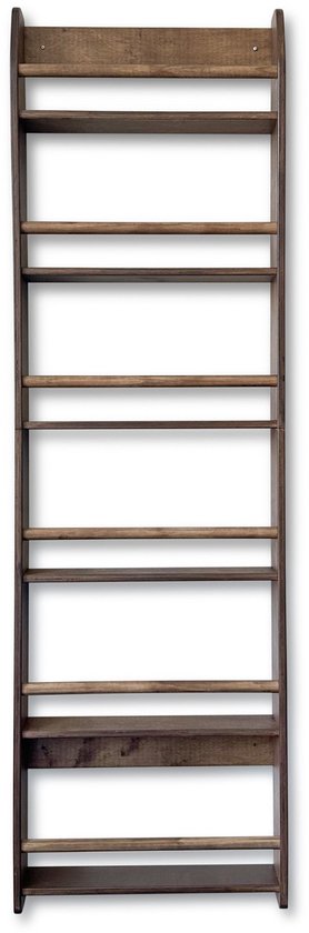 Montessori boekenrek met 6 planken in donkerbruin wengé hout, ontworpen voor de kinderkamer.