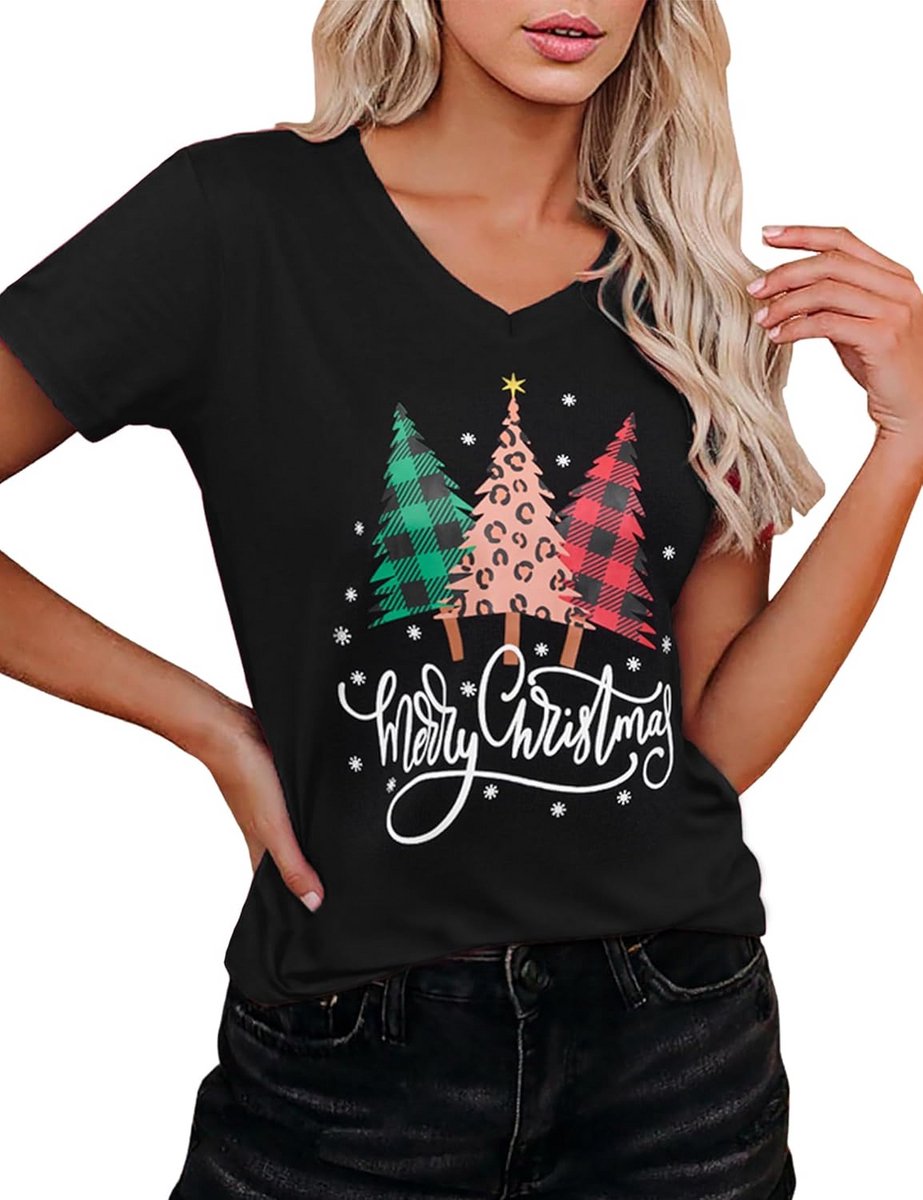 Kerst T-shirt Dames V-hals Korte Mouw Feestelijke Grafische Print Casual Kerstcadeau