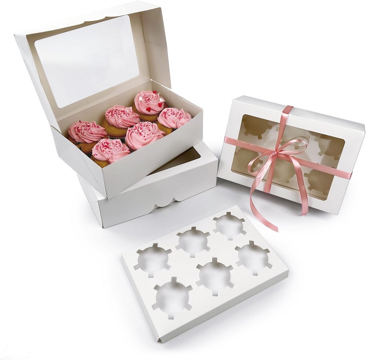Cupcake doos met venster - 6 gaatjes - Wit - 5 stuks - Bescherming voor muffins en cupcakes