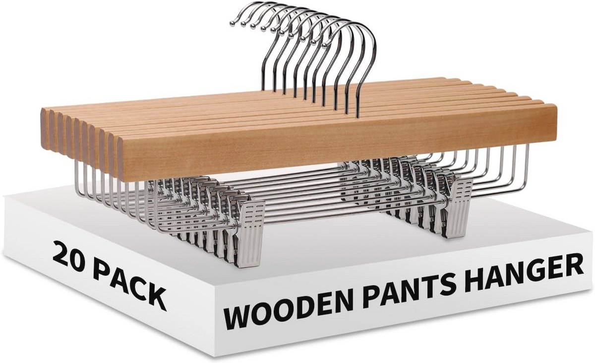 Houten Broekhangers 35.5 cm - Set van 20 - Ruimtebesparend met Verstelbare Antislip Clips