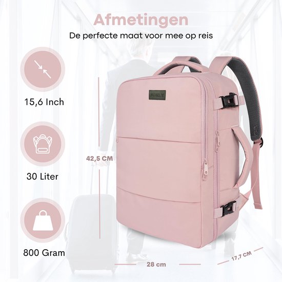 Roze rugzak met afmetingen 42,5x28x17,7cm, 30 liter en 800 gram.