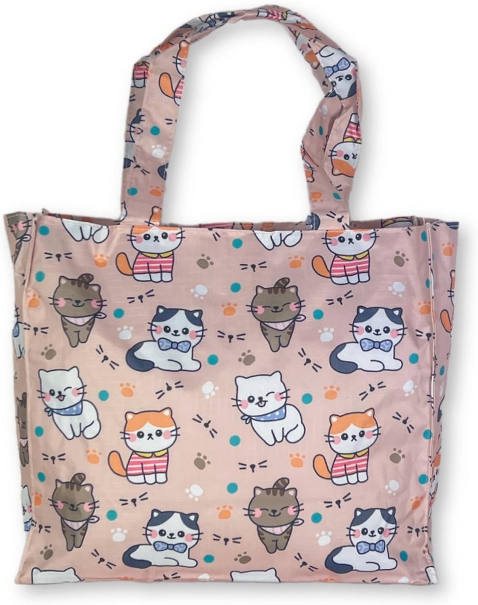 Kleine damestas nylon herbruikbare shopper bag met kittenmotief 30 cm