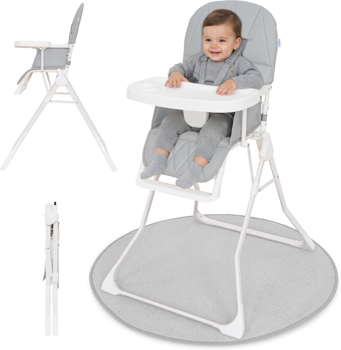 ib style Leno -Kinderstoel – inklapbaar en licht - 5 punts gordel - inclusief Afneembaar Eetblad - Eetstoel voor Baby's en Peuters – 6 maanden - 3 jaar ( 15 Kg) - Grijs