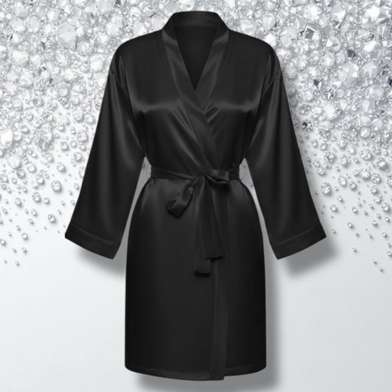 Satijnen Badjas Kimono Zwart – Kort Model – Satijnen Ochtendjas – Maat M/L – 100% Satijn Polyester