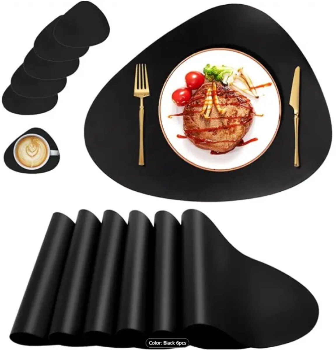 6 Stuks Zwarte PU Leren Placematten Set - Omkeerbare Driehoekige Placemats , Onderzetters, Waterdicht & Wasbaar Voor Tafeldekking (binnen/buiten)