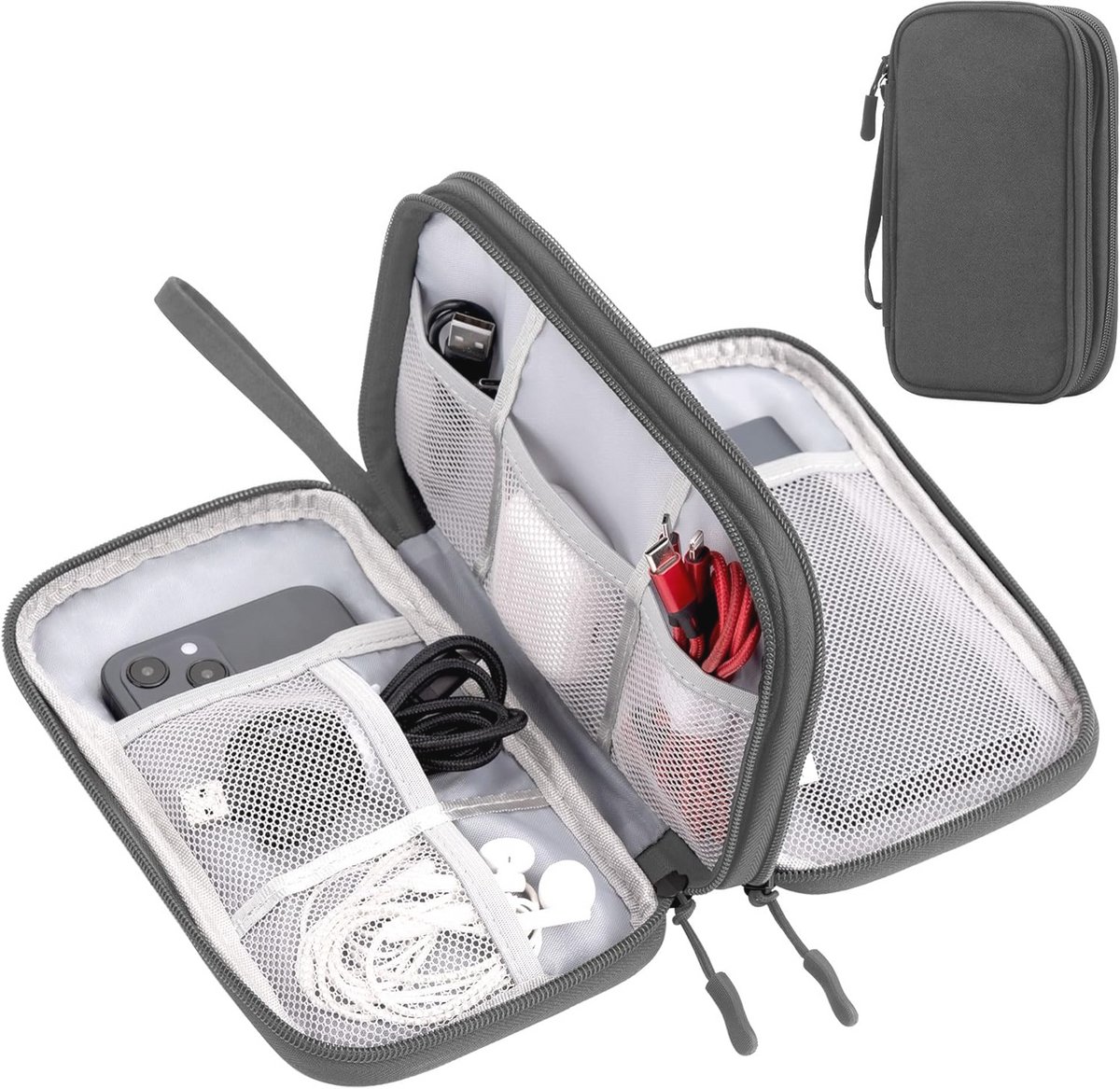Kabeltas met Dubbellaagse Opbergruimte voor Elektronische Accessoires - Donkergrijs, S